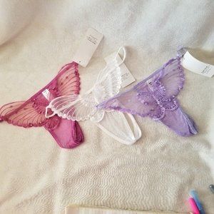 3 Lady Princess Butterfly Nylon Spandex Plum, White, Lavender Size 6 Thongs NWT